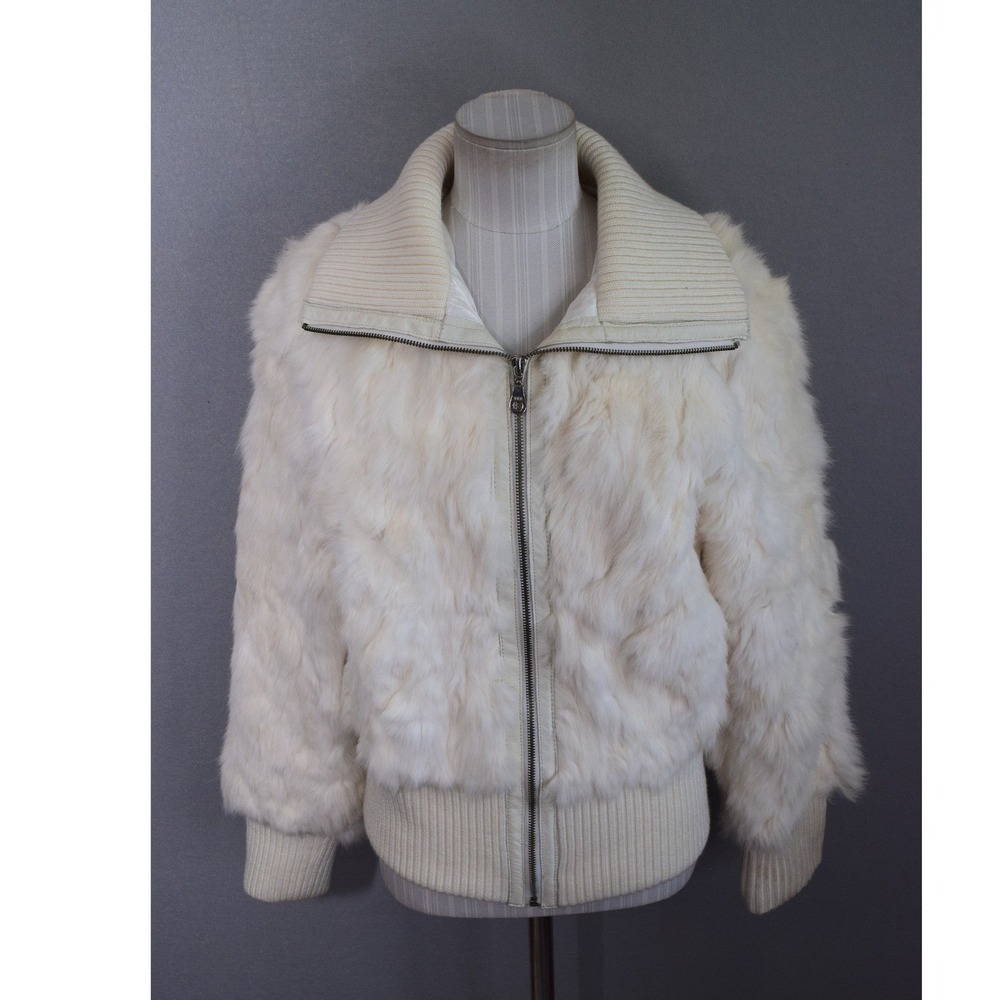 Wilsons Leather Maxima Rabbit Fur Jacket Large White Ribbed Knit Bomber Womens